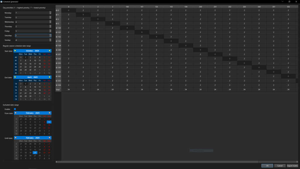 EHM Schedule Tool: Schedule generation screen